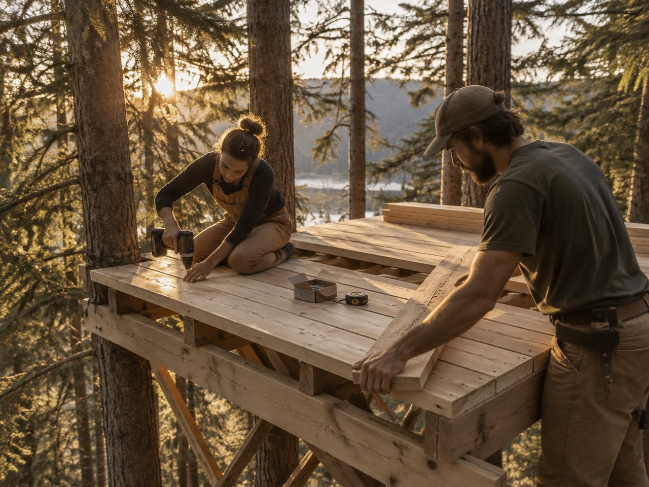 Deux personnes construisent une plateforme en bois dans les arbres